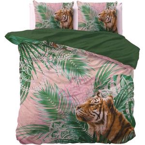 Lits-jumeaux dekbedovertrek (dekbed hoes) beige / groen met exotische tijger (natuurprint wilde dieren/ panter / tiger) tussen bladeren en planten met bloem motief KATOEN 240 x 220 cm (beddengoed cadeau idee slaapkamer)