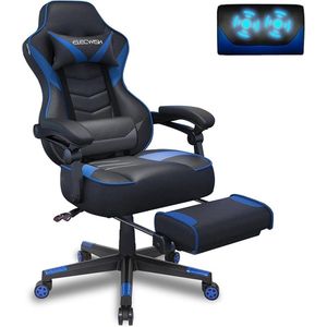 Gaming Stoel / Bureaustoel met Voetsteun - Ergonomische Racingstoel met Massagefunctie, Draaibaar en Hoogte Verstelbaar, Rugleuning Verstelbaar van 90° tot 150°, Afneembare Hoofdsteun en Lendenkussen (Zwart/blauw)