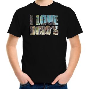 Tekst shirt I love dinosaurs met dieren foto van een dino zwart voor kinderen - cadeau t-shirt T-Rex dinosauriers liefhebber - kinderkleding / kleding 146/152