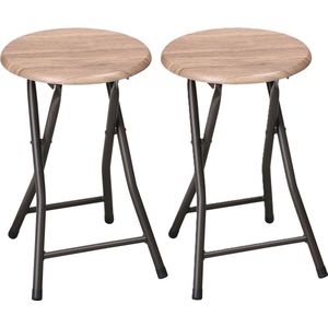 Urban Living Bijzet krukjes - 2x - zwart/beige - metaal/hout - D30 x H45 cm - opvouwbaar