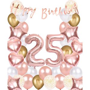 Snoes Ballonnen 25 Jaar Rose Gold White Dots - Compleet Feestpakket met cijfer ballon 25 Jaar - Verjaardag Versiering Slinger Happy Birthday – Folieballon – Latex Ballonnen - Helium Ballonnen - Rose Feestpakket