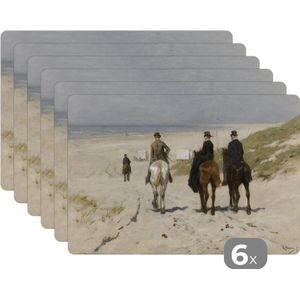 Placemat - Placemats kunststof - Morgenrit langs het strand - Schilderij van Anton Mauve - 45x30 cm - 6 stuks - Hittebestendig - Anti-Slip - Onderlegger - Afneembaar