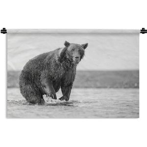 Wandkleed Roofdieren - Een grizzly beer probeert vissen te vangen - zwart-wit Wandkleed katoen 90x60 cm - Wandtapijt met foto