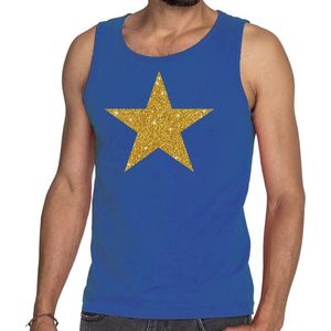 Gouden ster glitter tekst tanktop / mouwloos shirt blauw heren - heren singlet Gouden ster L