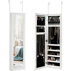 COSTWAY Hangende sieradenkast, spiegelkast met ledverlichting, deur- en wandmontage, sieradenrek, sieradenopslag met full-body spiegel, 30 x 8,5 x 129,5, wit