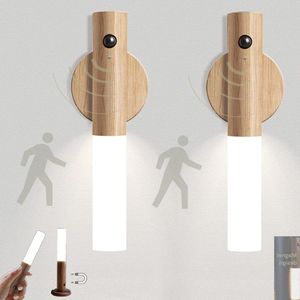 Wandlamp nachtlampje bewegingsmelder batterij USB oplaadbaar set 2 houten lampen magnetisch kastverlichting warm wit