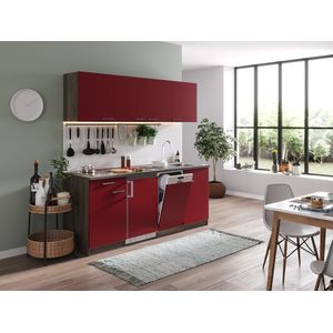 Goedkope keuken 195  cm - complete keuken met apparatuur Oliver  - Donker eiken/Rood  - elektrische kookplaat - vaatwasser  - spoelbak