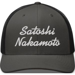Satoshi Nakamoto - Retro Trucker Petje - Bitcoin Petje - Wit Geborduurd - Kleur Houtskool Grijs/Zwart| Bitcoin cadeau| Bitcoin Cap| Bitcoin Pet| Bitcoin Merchandise| Bitcoin Kleding