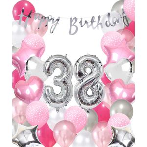 Snoes Ballonnen 38 Jaar Pink Blush Silver Mega Ballon - Compleet Feestpakket 38 Jaar - Verjaardag Versiering Slinger Happy Birthday – Folieballon – Latex Ballonnen - Helium Ballonnen - Zilver en Roze Verjaardag Decoratie