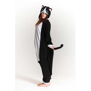 KIMU Onesie Zwarte Kat Pak - Maat S-M - Poezenpak Kostuum Zwart 158 164 - Dierenpak Poes Pyjama Huispak Jumpsuit Dames Heren Volwassenen Festival