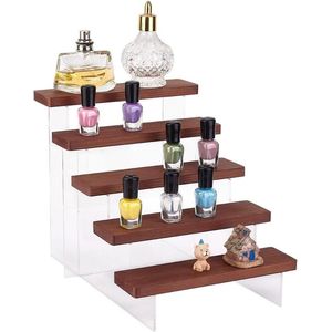 5 Tier Houten Displaystandaard Figuren Display Risers - Showcase Cupcakes Stand - Houten Parfum Stand Planken Rack - Acryl Display voor Tafeldisplay Parfum Make-up Desserts Snoepjes