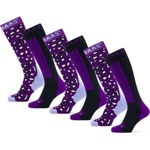 Poederbaas Skisokken - 6 paar - Panther Purple - Wintersportsokken Dames met print - Maat 31/34