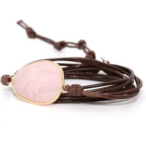 Marama - wikkelarmband Rozenkwarts donkerbruin waxcord - vegan - 80 cm.