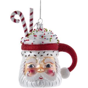 Kurt S. Adler Kerstornament - Kerstman Chocolademelk Mok - glas - wit rood - 13cm