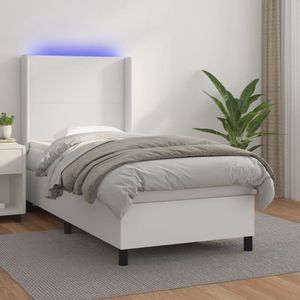 The Living Store Boxspring Bed - 203 x 93 x 118/128 cm - LED - Duurzaam kunstleer - Verstelbaar hoofdbord - Pocketveringmatras - Huidvriendelijk topmatras - Wit - 90 x 200 cm - Met LED-strip
