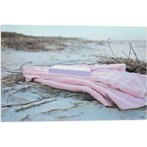 WallClassics - Vlag - Boek met Handdoek op Beige Strand - 60x40 cm Foto op Polyester Vlag