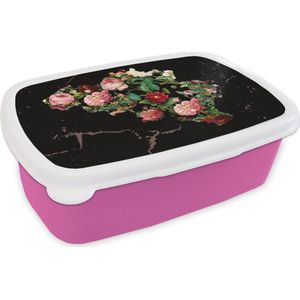 Broodtrommel Roze - Lunchbox - Brooddoos - Kaart - België - Bloemen - 18x12x6 cm - Kinderen - Meisje