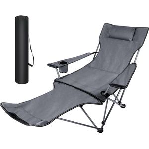 Campingstoel, klapstoel, ligstoel, ademend, strandstoel met afneembare voetensteun en hoofdsteun, opvouwbare tuinstoel, outdoorstoel met bekerhouder voor camping, picknick, belastbaar tot 136 kg,