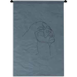Wandkleed Line-art Vrouwengezicht - 4 - Line-art illustratie bovenkant vrouwengezicht op een grijze achtergrond Wandkleed katoen 120x180 cm - Wandtapijt met foto XXL / Groot formaat!