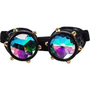 KIMU Goggles Steampunk Bril Met Studs - Zwart Montuur - Caleidoscoop Glazen - Spacebril Space Caleidoscope Holografisch Festival