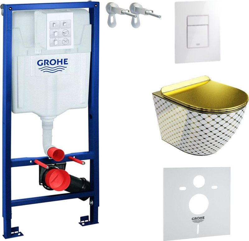 Inbouwreservoir Complete Toiletset Grohe Solido 39069000 - Inbouw WC Hangtoilet Wandcloset Sofi Slim Checked Gold - Bedieningsplaat EVEN 3in1 Wit Hoogglans - Voorwandelement - Installatiesysteem