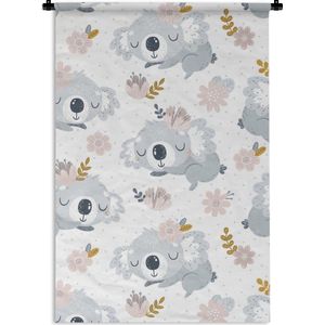 Wandkleed Kinderkamer Patroon - Kinderpatroon met slapende koala's met paarse bloemen Wandkleed katoen 60x90 cm - Wandtapijt met foto