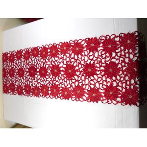 Tafelkleed - Kerst -  Rood opengewerkt met bloemen - Loper 170 cm