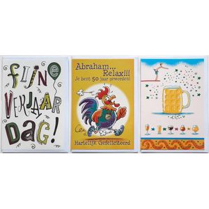 3 Wenskaarten - Abraham + Fijne Verjaardag + Blanco Kaart - 12 x 17 cm - ABRA-303