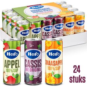 Hero Assortiment Fruitige Blikjes Frisdrank - Cassis, Appelsap & Sinaasappelsap - Handige Tray - 24 x 250ml