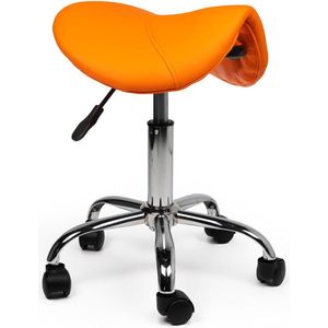 Zadelkruk Antaris Oranje Laag - Zithoogte 40/58cm - kruk op wielen - krukje - werkkruk - zadelkruk - bureaukruk - kapperskruk - verstelbaar - draaikruk - tabouret - zadelkruk met rugleuning - tot 160kg