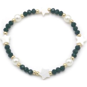 Kralenarmband - kralen - armband – accessoire – sieraad - elastiek - goudkleurig - wit - zwart - sterretje - parels - hip - trendy - tijdloos - geschenk - cadeau - feest - feestdagen - verjaardag - dames - vrouwen - unisex