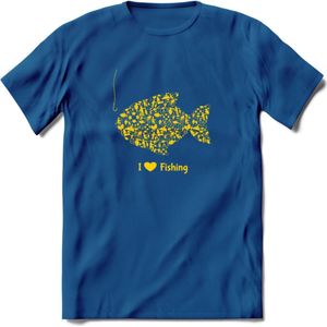 I Love Fishing - Vissen T-Shirt | Geel | Grappig Verjaardag Vis Hobby Cadeau Shirt | Dames - Heren - Unisex | Tshirt Hengelsport Kleding Kado - Donker Blauw - XL