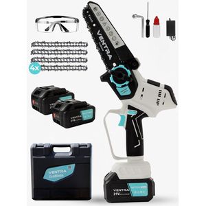 VENTRA® EcoBlade - Mini Kettingzaag - Heggenschaar 21V Accu - Handkettingzaag - Snoeizaag - Takkenzaag - 3000mAh - Inclusief 2 Accu's, 4 Kettingen en Veiligheidsbril