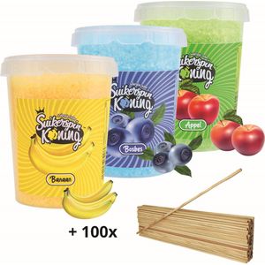 Suikerspin Suiker - Banaan - Bosbes - Appel  - 3 potten x 400 gram incl. ± 100 suikerspin stokjes - Fruit combo 3