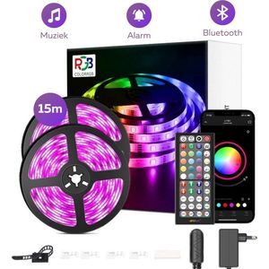 BYER RGB LED Strip Licht 15 Meter - Muzieksynchronisatie + Kleurverandering - Ingebouwde Microfoon - App Bediening + Afstandsbediening - Verlichting - 5050 RGB Led (5M/10M/15M/20M/30M)