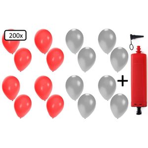 200x Ballonnen rood en zilver + ballonpomp - Ballon carnaval festival feest party verjaardag landen helium lucht thema