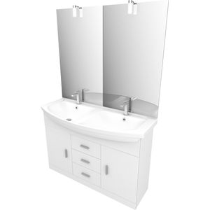 Wit badkamermeubel met dubbele wastafel 120cm op voet + witte keramische wastafel + led spiegel