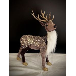 Brown Velvet Deer with Gold Antlers 32 cm hoog - rendier - hert - bruin - glitters - kunststof - handgemaakt - figuur - kerststukje - kerstdecoratie - kerstitem - accessoire - interieur - geschenk - gift - cadeau - kerst - nieuwjaar – verjaardag