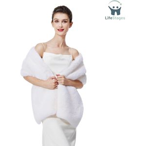 LifeStages - Poncho Dames Omslagdoek - Bont Faux Bont Sjaal Dames Poncho Cape Met Biezen Synthetisch - Bontjas - Bolero Gebreide Wollen Jas - Bruiloft Feestelijk - Kerstmis - Halloween - Off-White