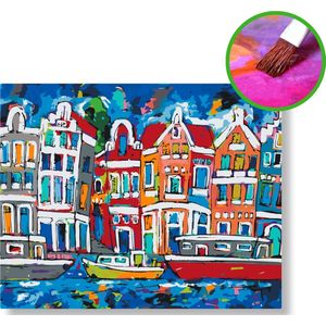 Bootjes in de gracht | Schilderen op nummer | 80x100cm | Op frame | Vrolijk schilderij