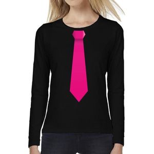 Stropdas fuchsia roze long sleeve t-shirt zwart voor dames- zwart shirt met lange mouwen en stropdas bedrukking voor dames XS