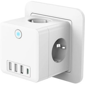8-in-1 Stekkerdoos Met 4 AC-Stopcontacten (3680 W/16 A), 3 USB-Poorten (5 V/3,4 A) en Type C – Meervoudige Stekkerdoos met Schakelaar – Voor Thuis en Kantoor – Kleur Wit