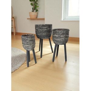 set van 3 bloempotten van zeegras op poten black