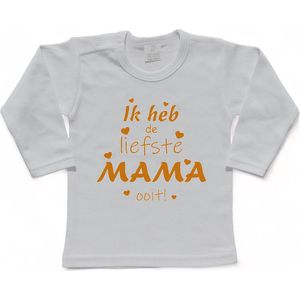 T-shirt Kinderen ""Ik heb de liefste mama ooit!"" Moederdag | lange mouw | Wit/tan | maat 92