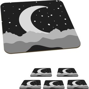 Onderzetters voor glazen - Nacht - Maan - Zwart - Wit - 10x10 cm - Glasonderzetters - 6 stuks