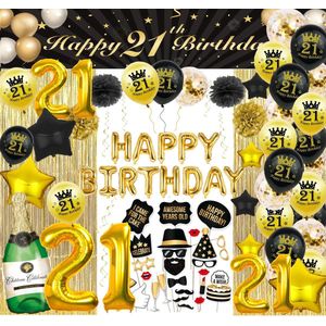 FeestmetJoep 21 jaar verjaardag versiering - 21 Jaar Feest Verjaardag Versiering Set 87-delig - Happy Birthday Slinger & Ballonnen - Decoratie Man Vrouw - Zwart en Goud