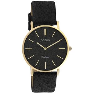 OOZOO Vintage series - goudkleurige horloge met zwarte leren band - C20204 - Ø32