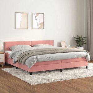 The Living Store Boxspringbed - Roze - 203 x 200 x 78/88 cm - Fluwelen stof - Verstelbaar hoofdbord - Pocketvering matras - Middelharde ondersteuning - Huidvriendelijk topmatras