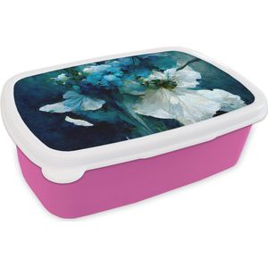 Broodtrommel Roze - Lunchbox - Brooddoos - Bloemen - Boeket - Verf - Blauw - 18x12x6 cm - Kinderen - Meisje