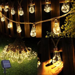 Tuinverlichting op Zonne-energie - Solarverlichting Lichtsnoer op Zonne-energie voor buiten met 16 gloeilampen 64m-lichtketting-weerbestendig-warm-wit-vintage-lichtketting-henneptouw-decoratie-voor